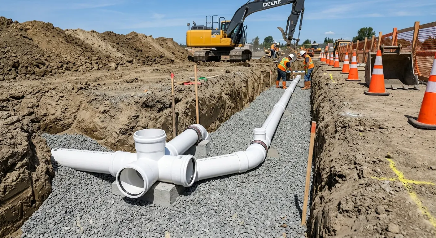 New PVC sewer pipe installation in open trench for Sewer Backup in Thousand Oaks