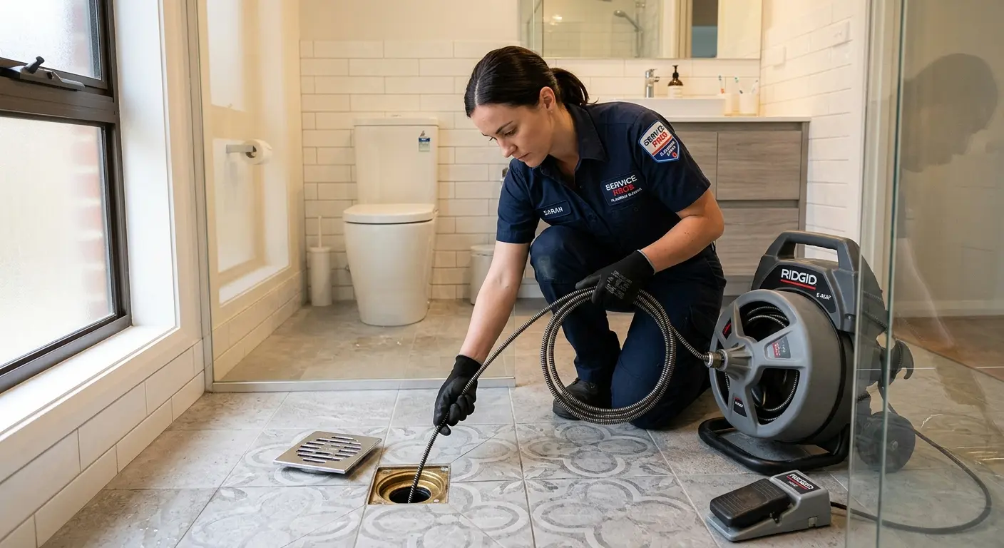 Technician clearing a bathroom floor drain for Hydro Jetting in Thousand Oaks
